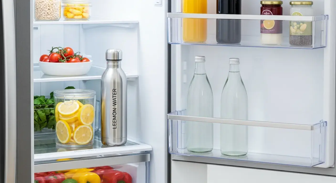 Fridge storing stainless bottle with lemon