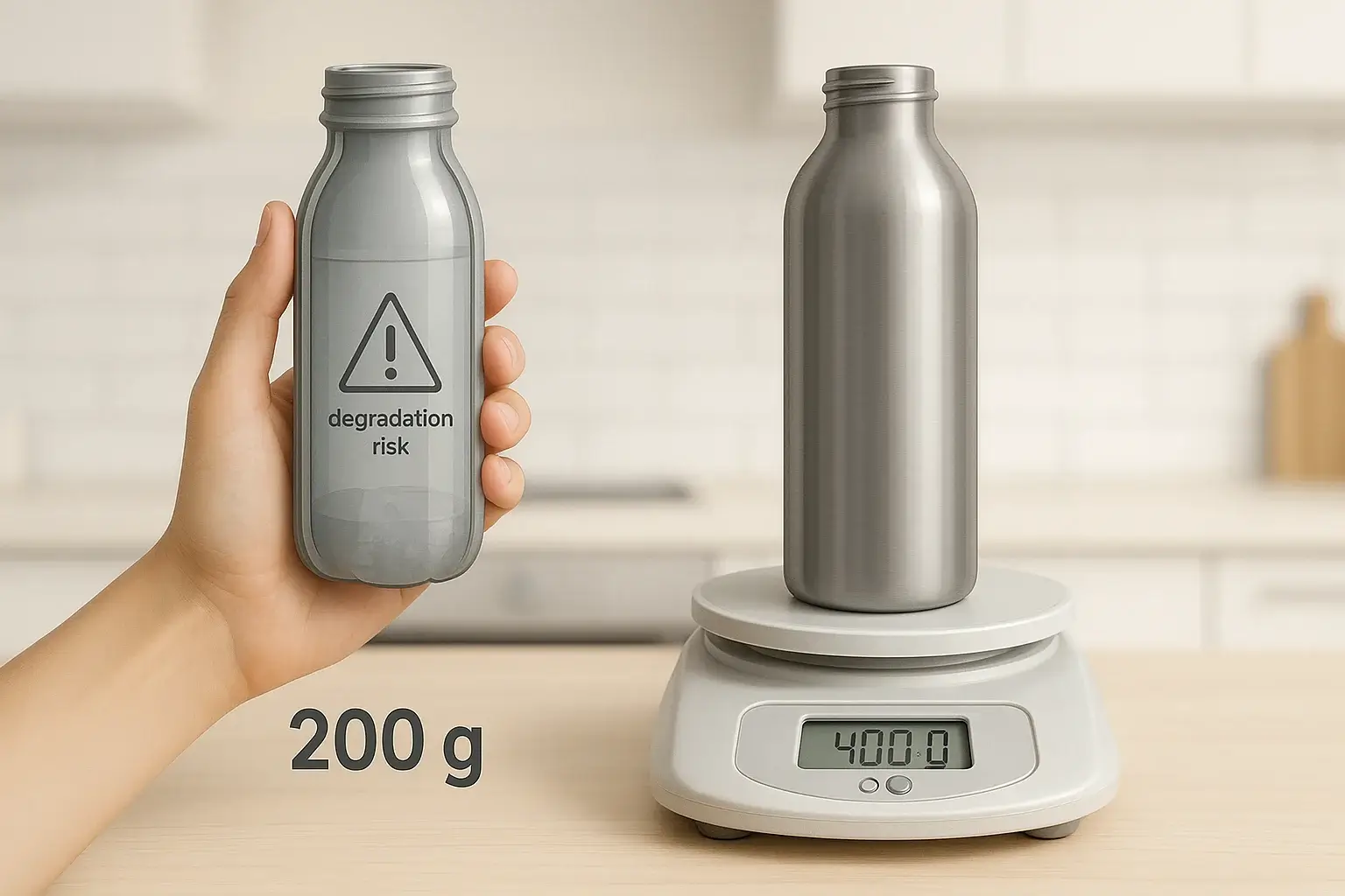 Hand holding an aluminum bottle effortlessly next to heavier stainless steel bottle on scale