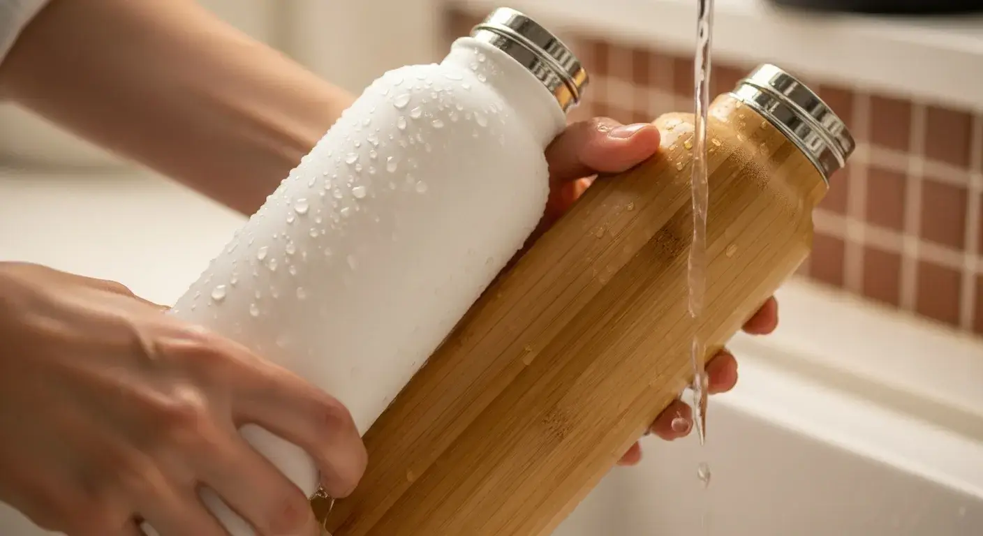 Person hand washing bamboo and silicone bottles