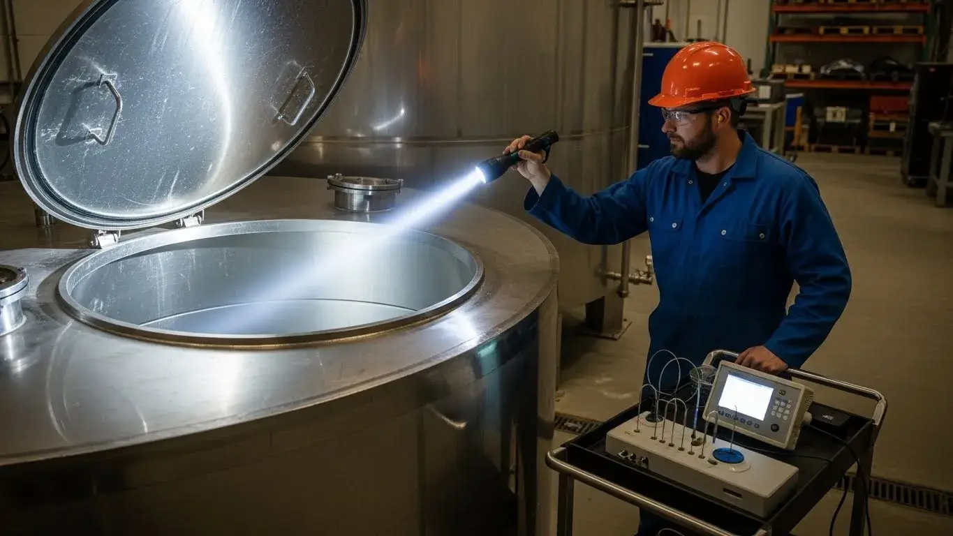 Inspecting tank interior Technician inspecting inside of stainless tank with flashlight