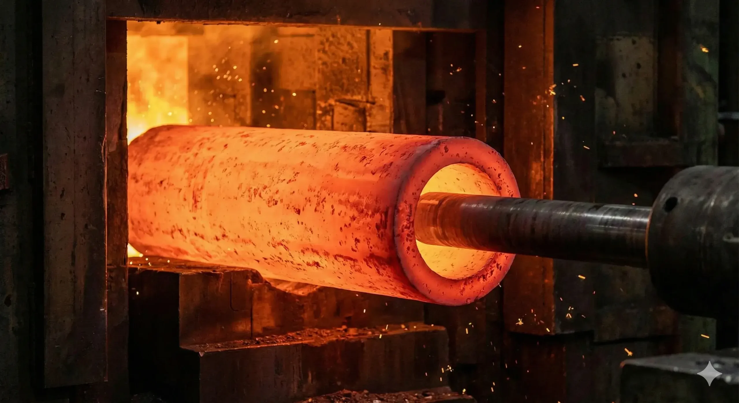 Seamless pipe process Steel billet turned into seamless pipe through rotary piercing