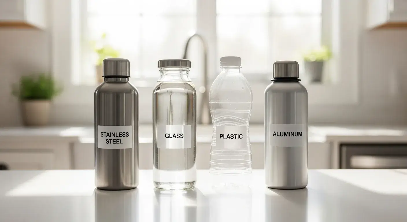 Labeled water bottles showing material types