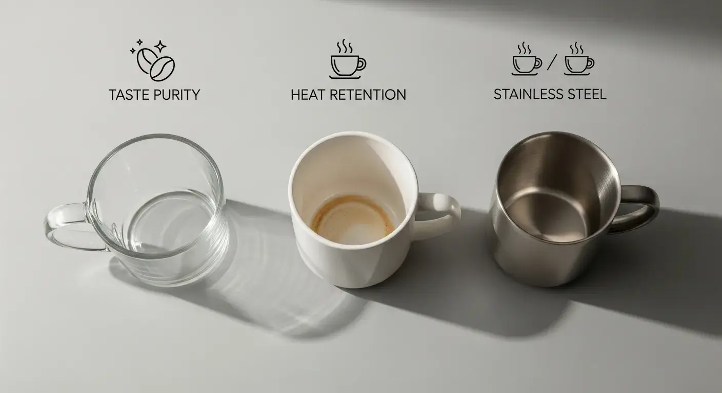 Material impacts flavor Glass, ceramic, and stainless mugs labeled with flavor notes and temperature icons