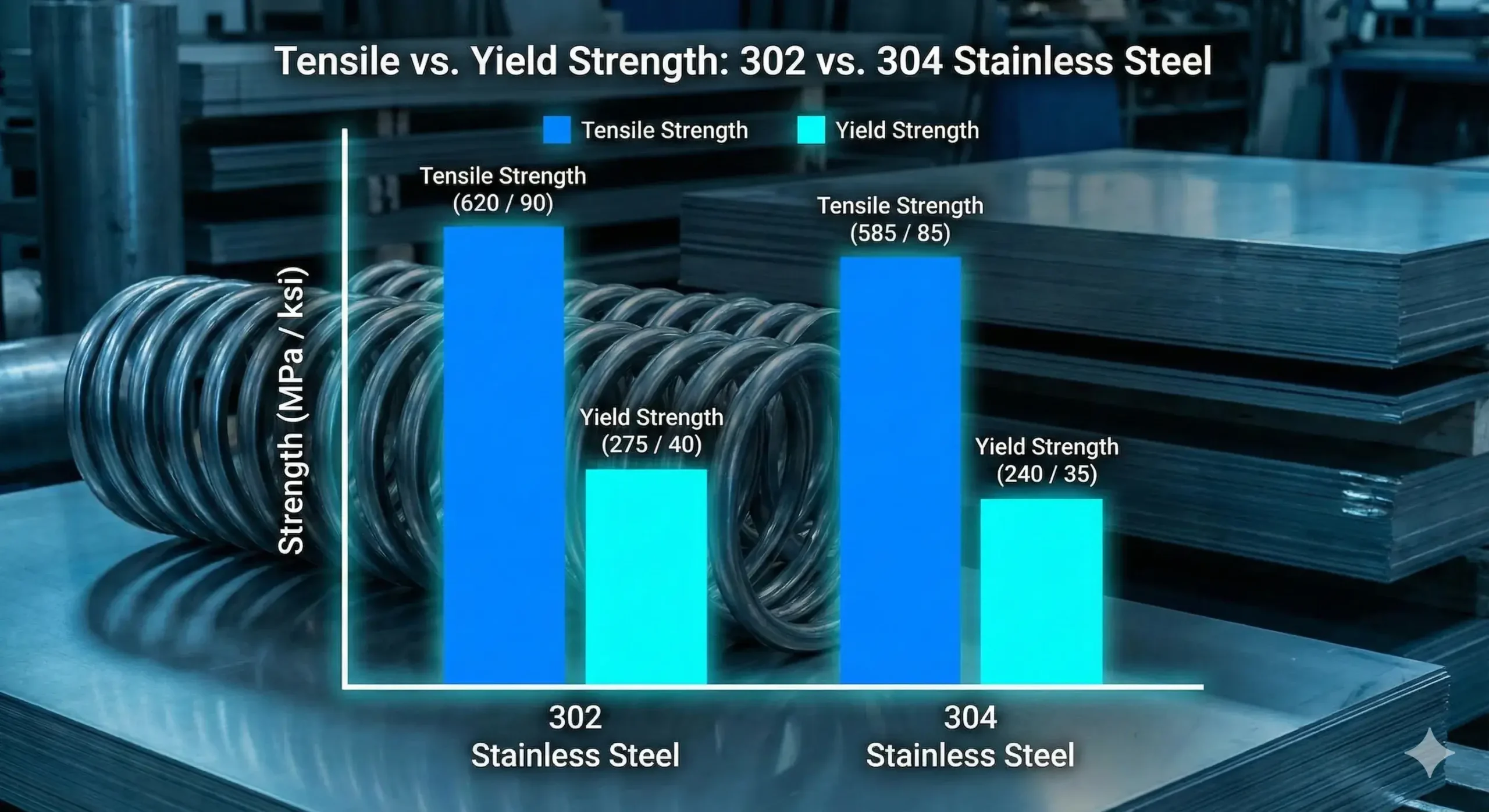 Strength comparison Tensile and yield strength chart for 302 vs 304 stainless steel