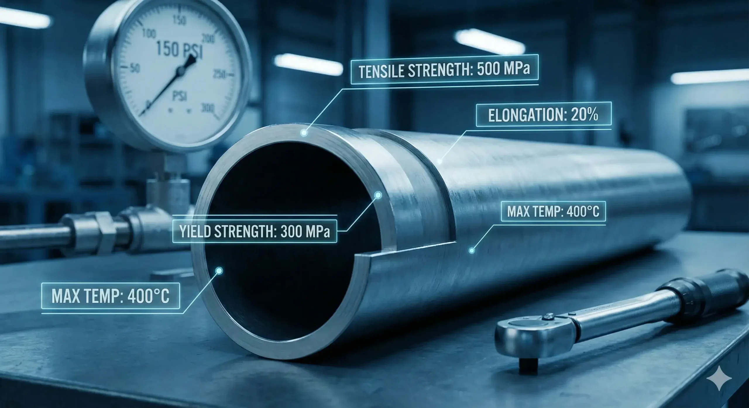 Mechanical specs chart Pressure and tensile strength stats for 304 seamless pipe