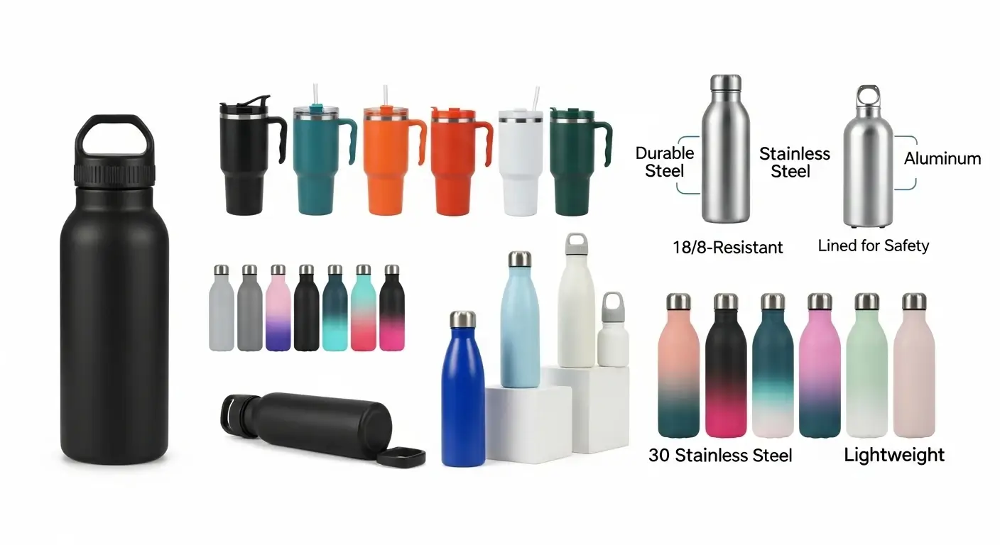 Comparison of stainless steel and aluminum water bottles, side by side with labeled properties