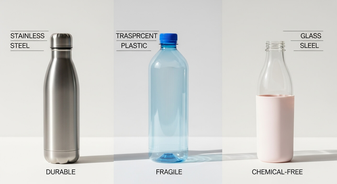 Side-by-side view of metal, plastic, and glass water bottles with pros and cons visually listed
