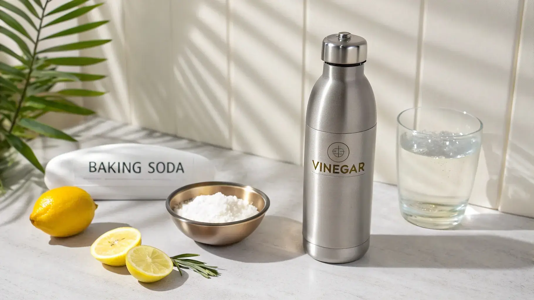 Natural cleaning ingredients beside Hydro Flask bottle