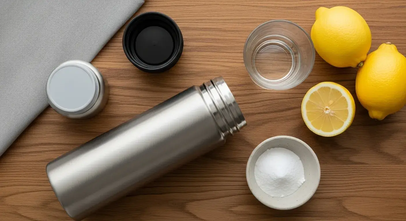 Natural cleaning methods Lemon, vinegar, and baking soda near a water bottle