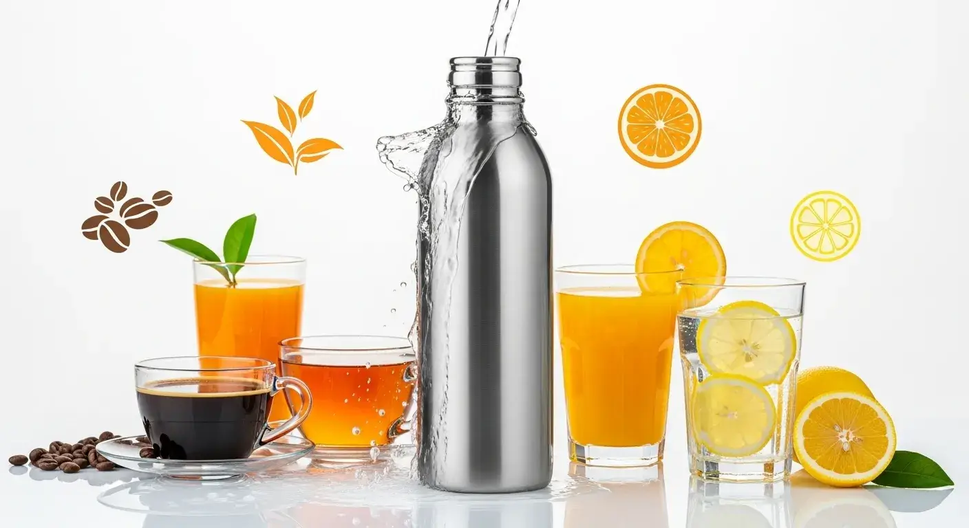 Water bottle surrounded by different drinks