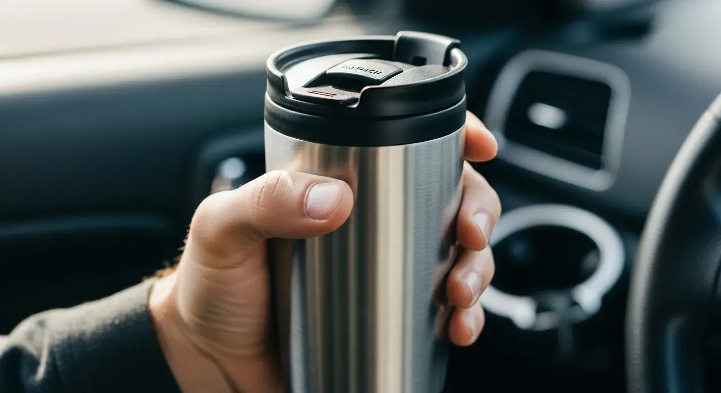 One-handed travel mug stays sealed