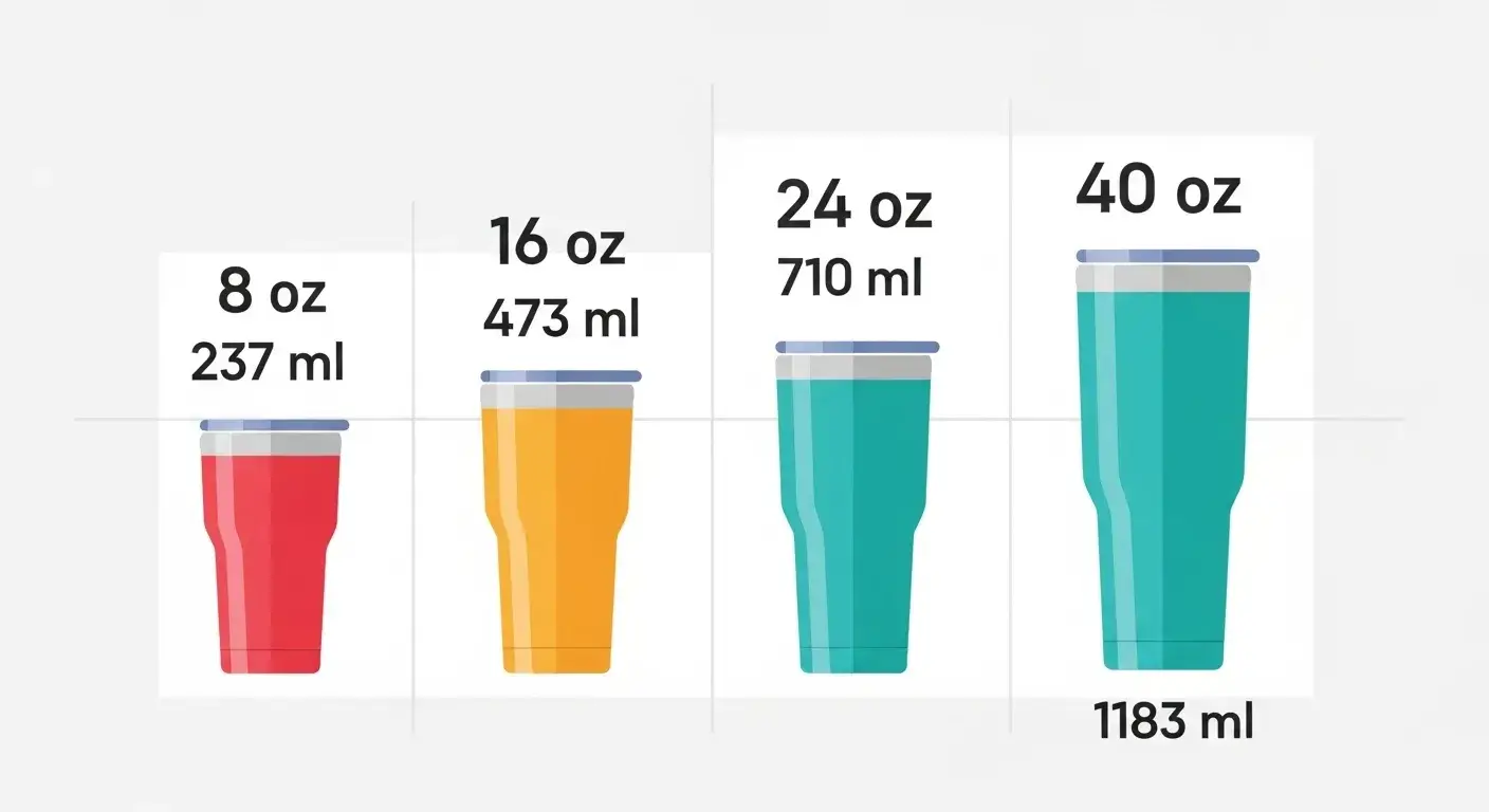 Ounce to milliliter conversion chart with tumbler graphics