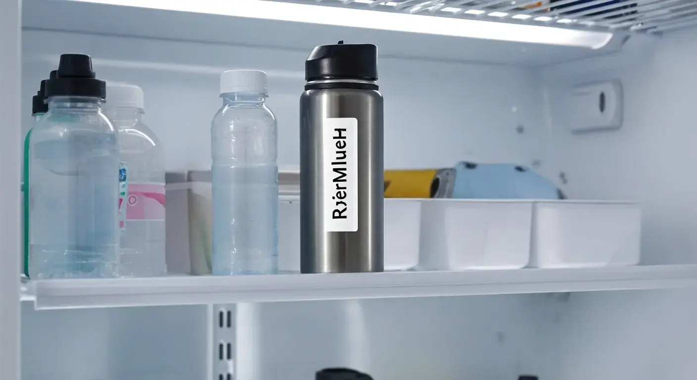 Avoid shared space mix-ups Labeled bottle in office breakroom fridge