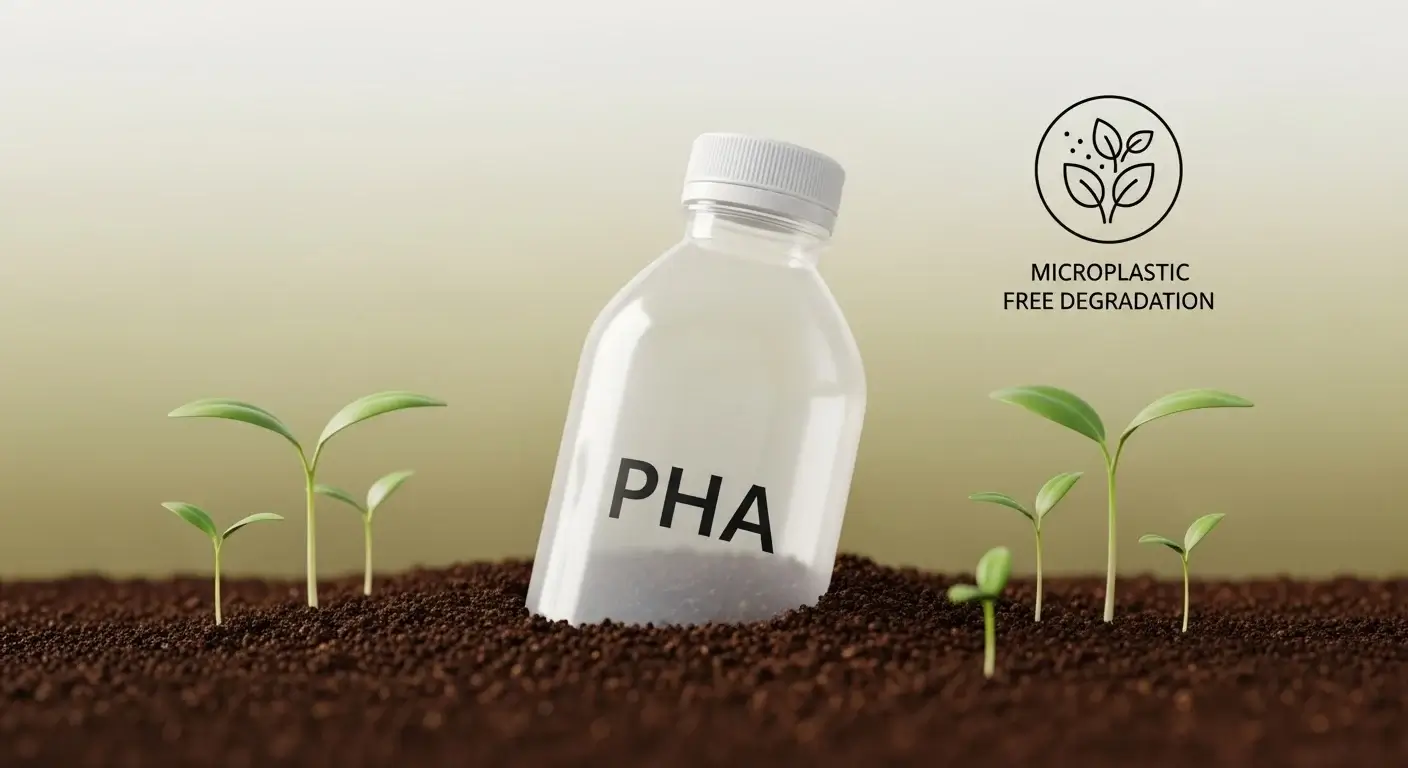 PHA bioplastic bottle breaking down in soil with microplastic free icons