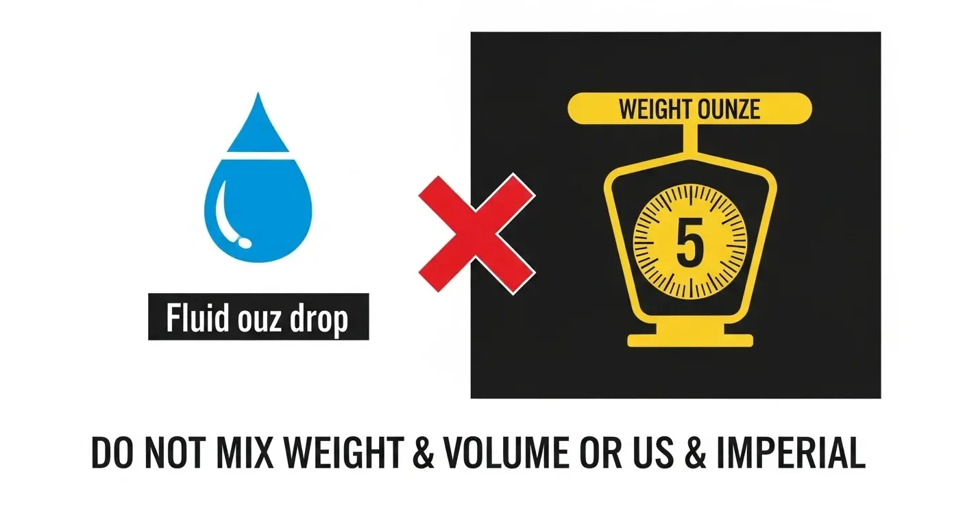 Icons of fluid vs weight ounces with error warning sign