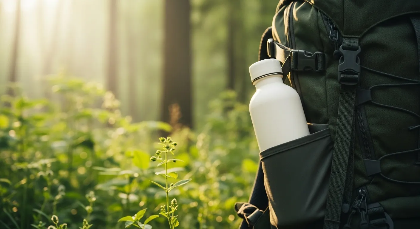 Bioplastic bottle on hiking gear