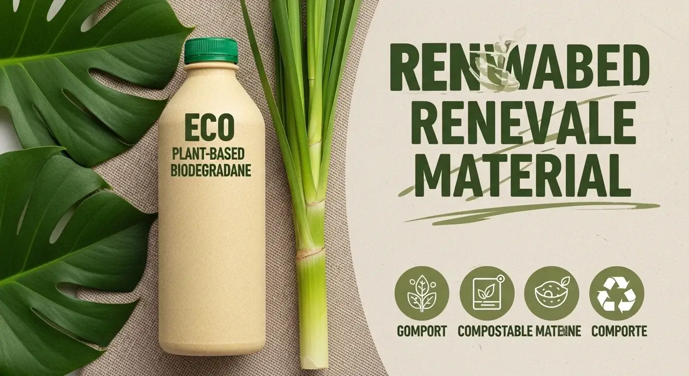 Compostable sugarcane bottle with leaves symbol