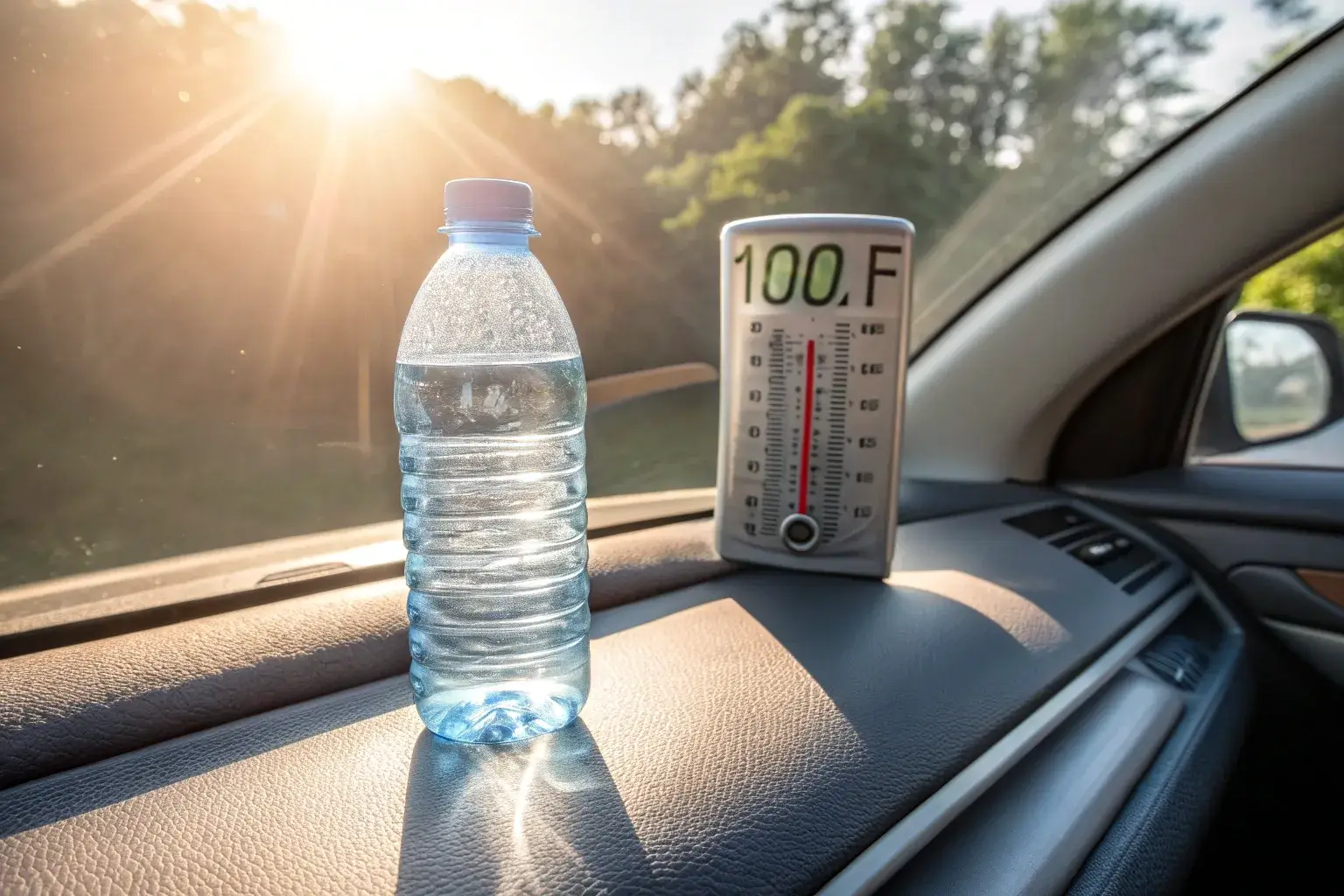 Heat and chemical leaching Plastic bottle in direct sunlight on car seat