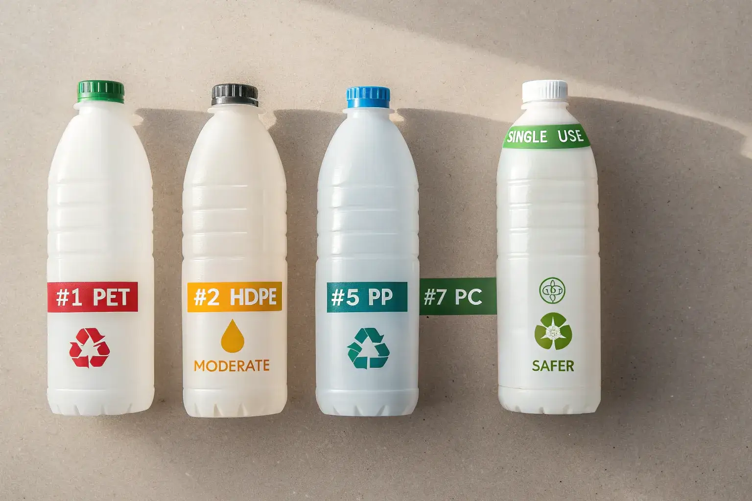 Plastic types and reuse Various plastic bottles with recycling codes