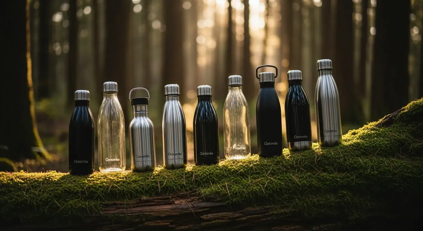 Glass and stainless bottles on mossy log outdoors