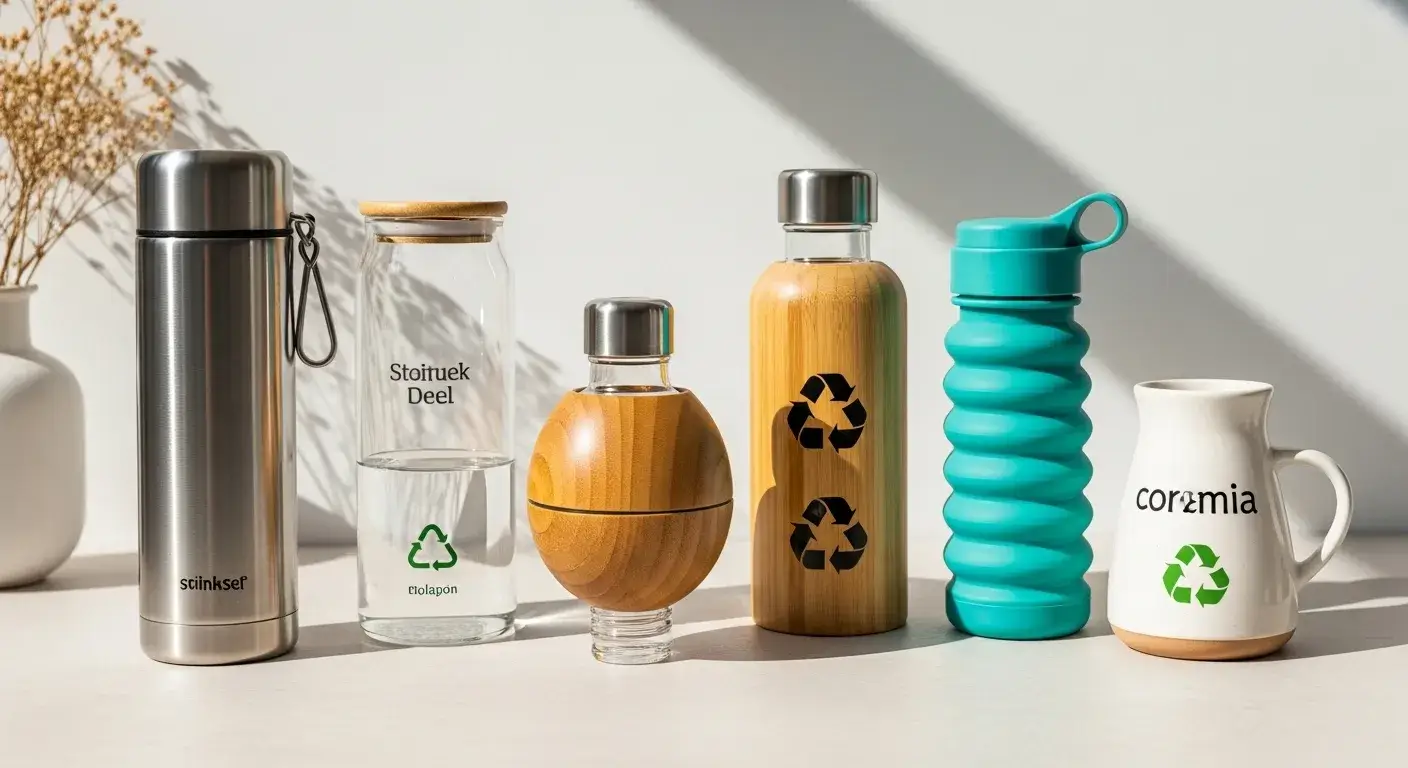 Stainless, glass, bamboo, ceramic, silicone bottles grouped
