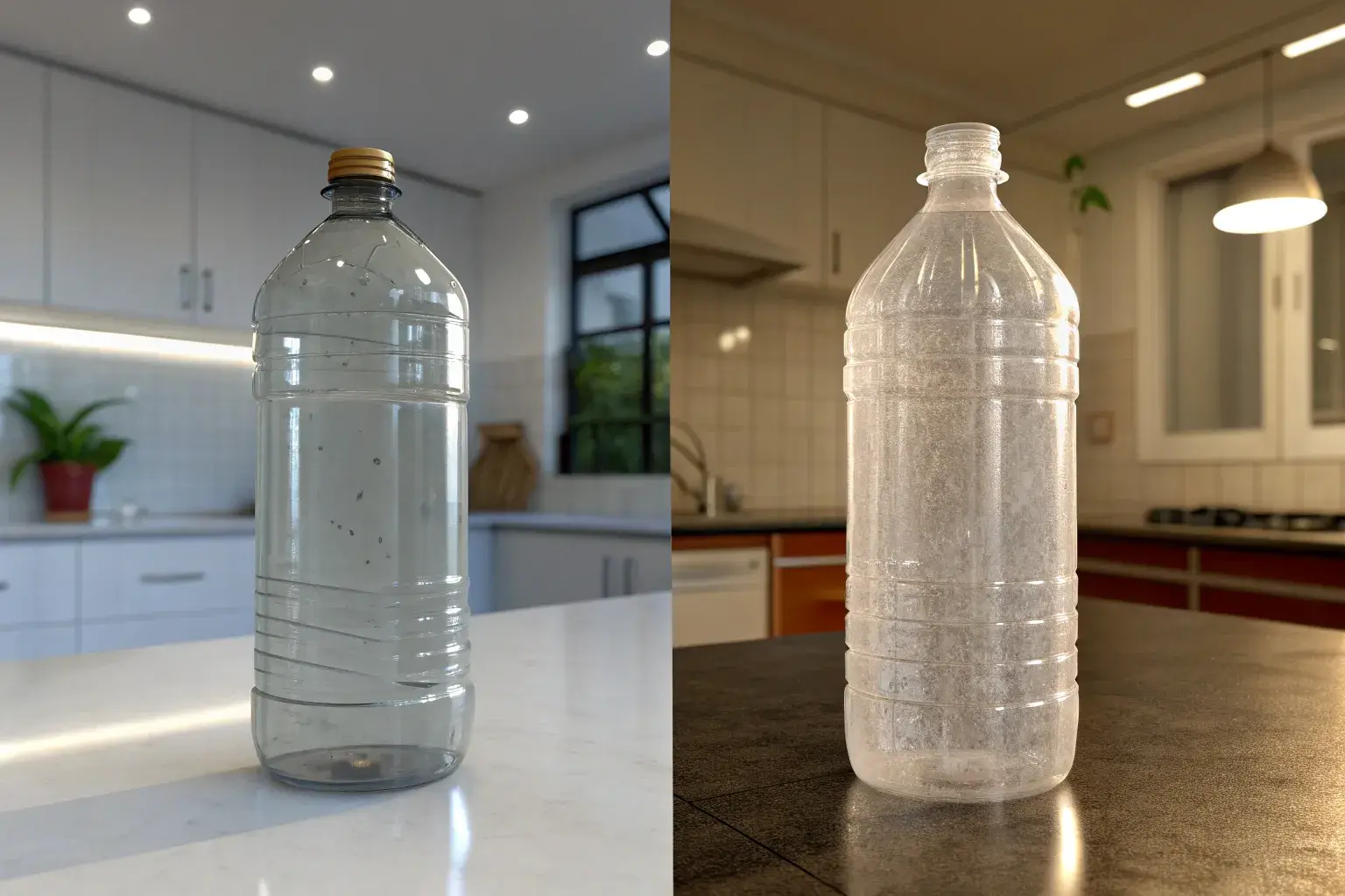 PET vs BPA-free plastic Close-up of PET vs. BPA-free bottles