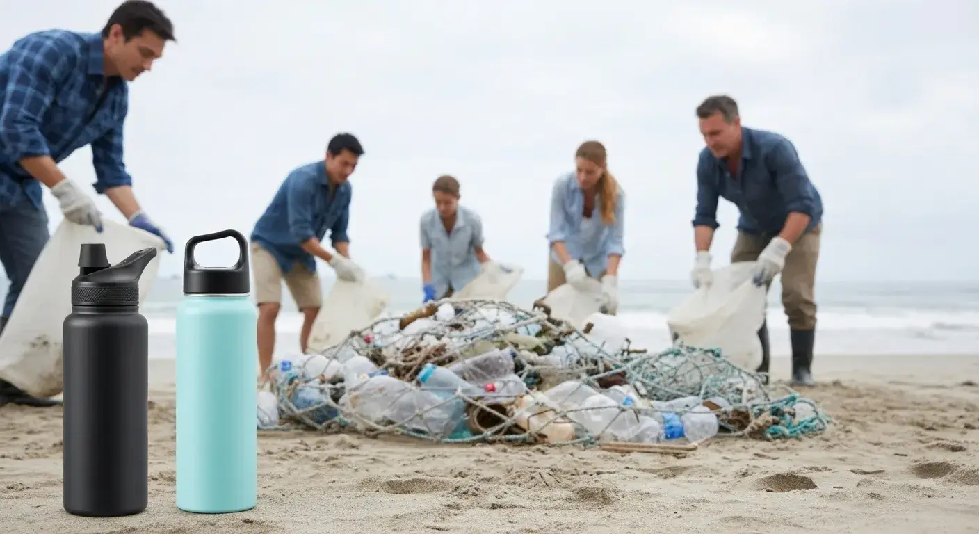 Reducing ocean plastic Reusable bottle beside ocean cleanup net