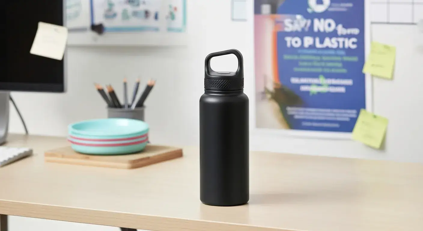 Policy and education impact Reusable bottle at workplace with campaign poster