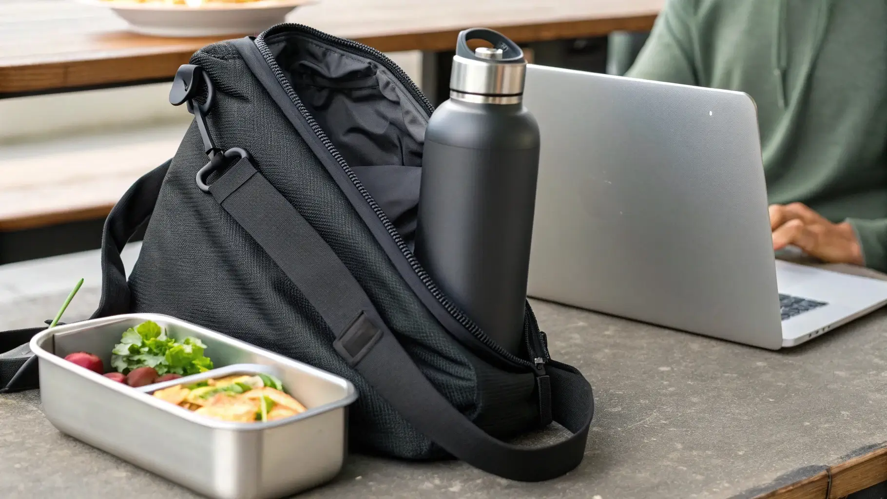 Stainless steel bottle in a gym bag beside a laptop and reusable lunch container