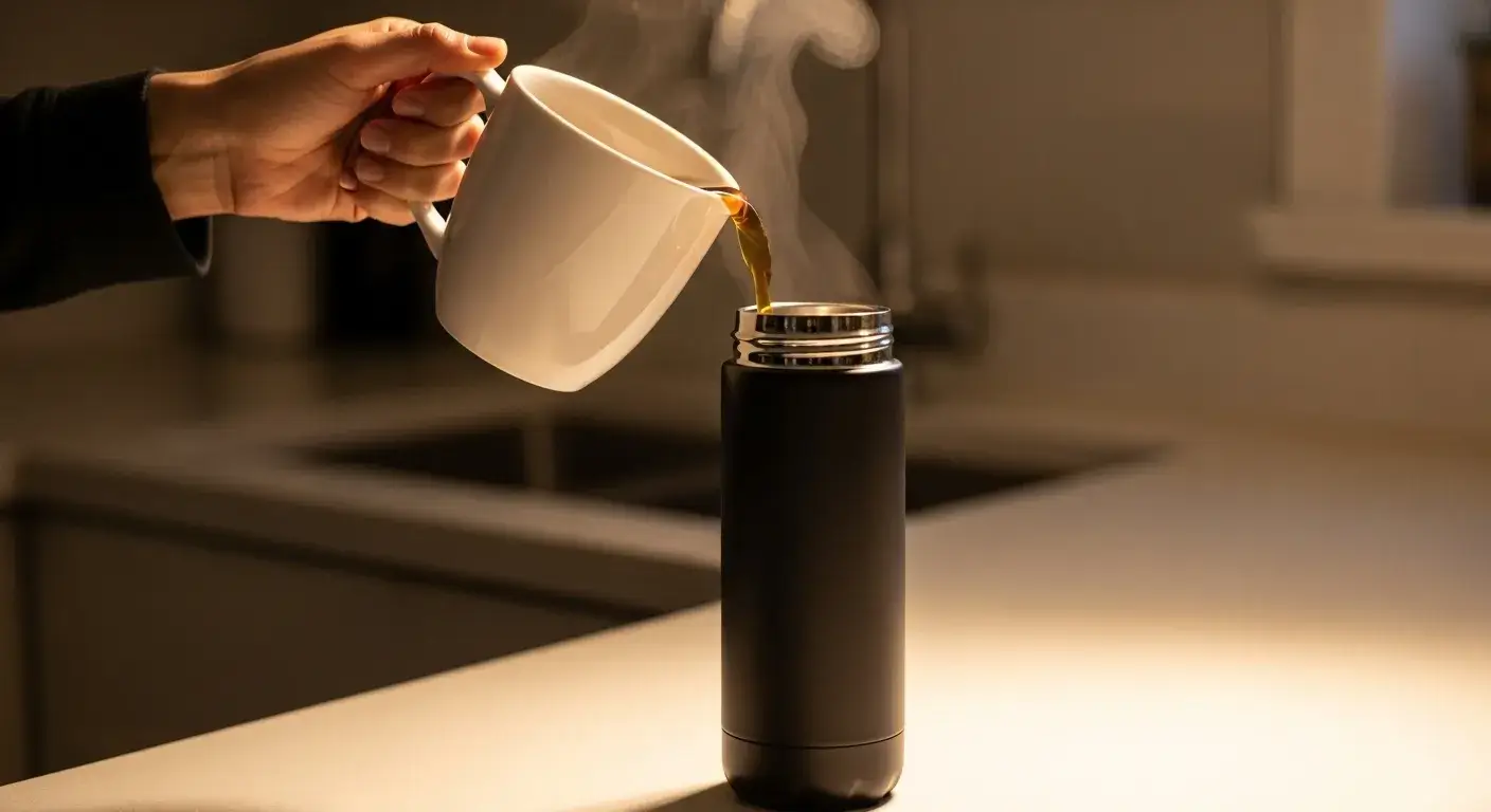 Hot drink being poured into an insulated bottle
