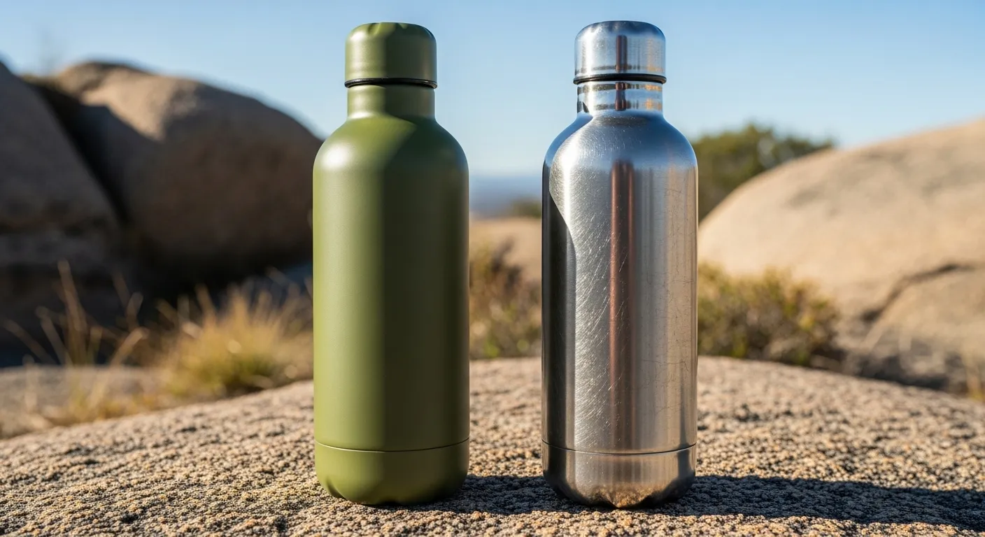 Durability of powder coating Powder-coated bottle on rough terrain beside scratched metal one