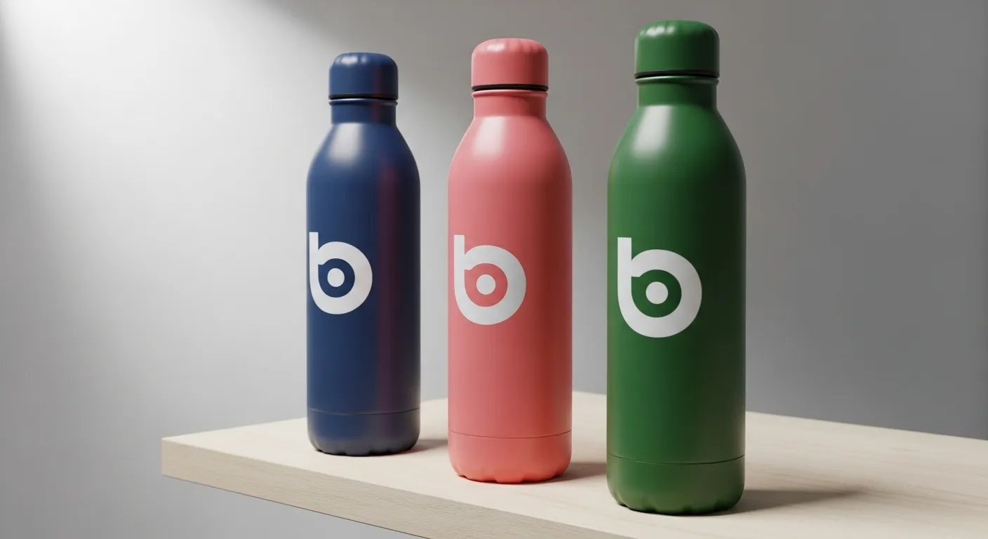 Powder coating enhances branding Powder-coated bottles in brand colors with logos