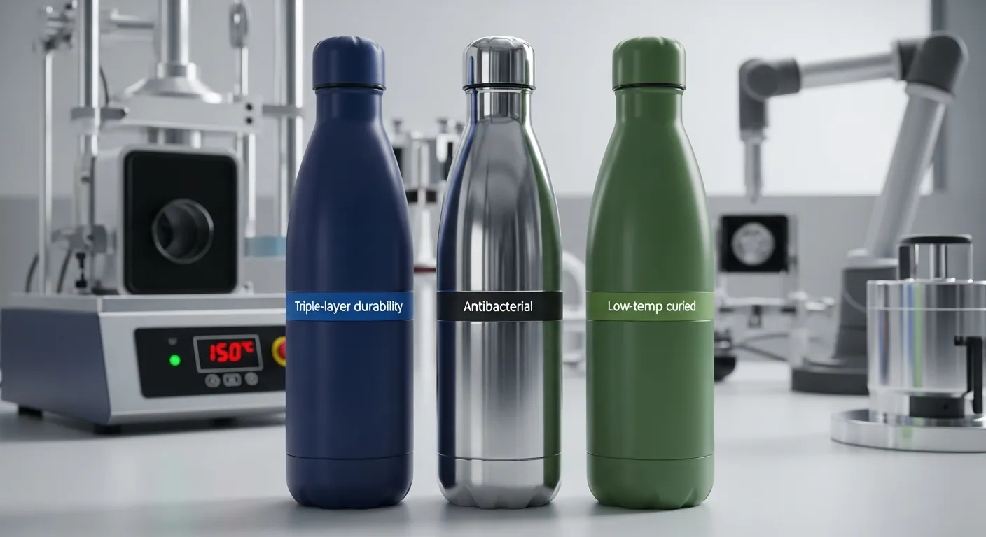 Innovations in powder coating Samples of antimicrobial and triple-layer coated bottles