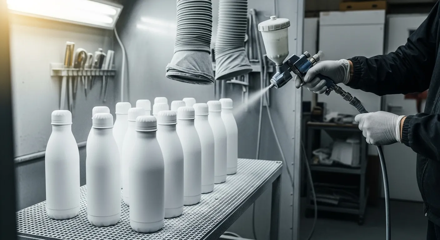 How powder coating is applied Technician spraying powder onto stainless bottles