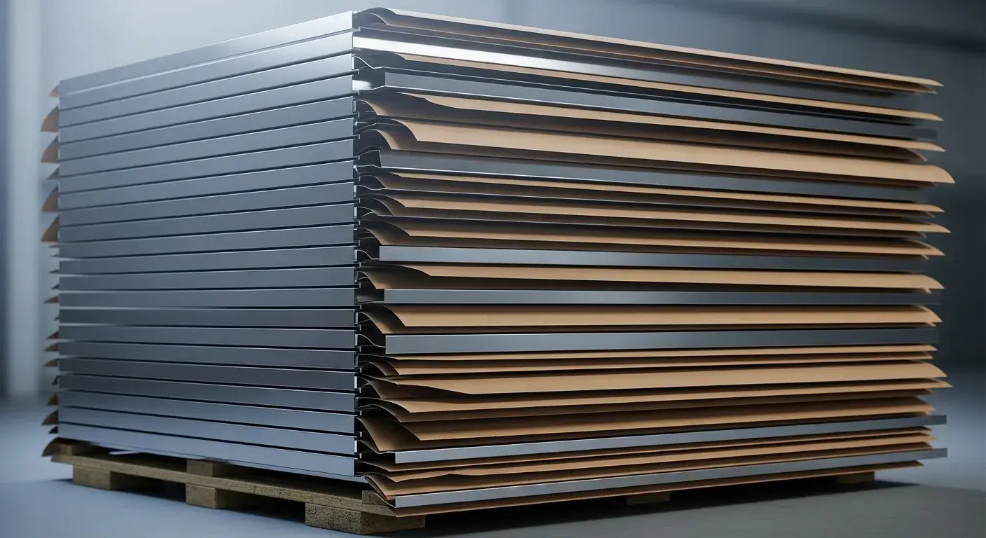 Stacks of metal sheets with paper interleaves