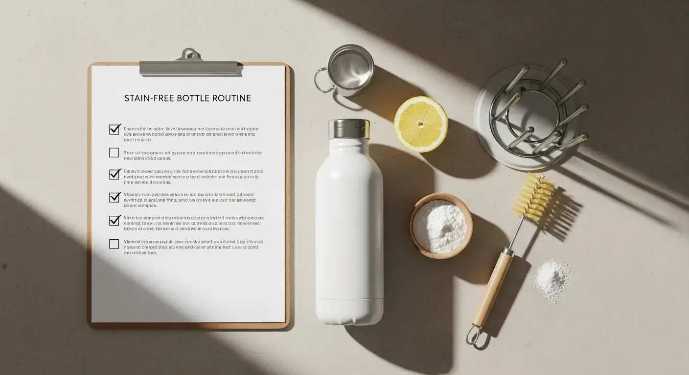 Preventing tea stains Checklist next to a clean metal bottle and cleaning tools