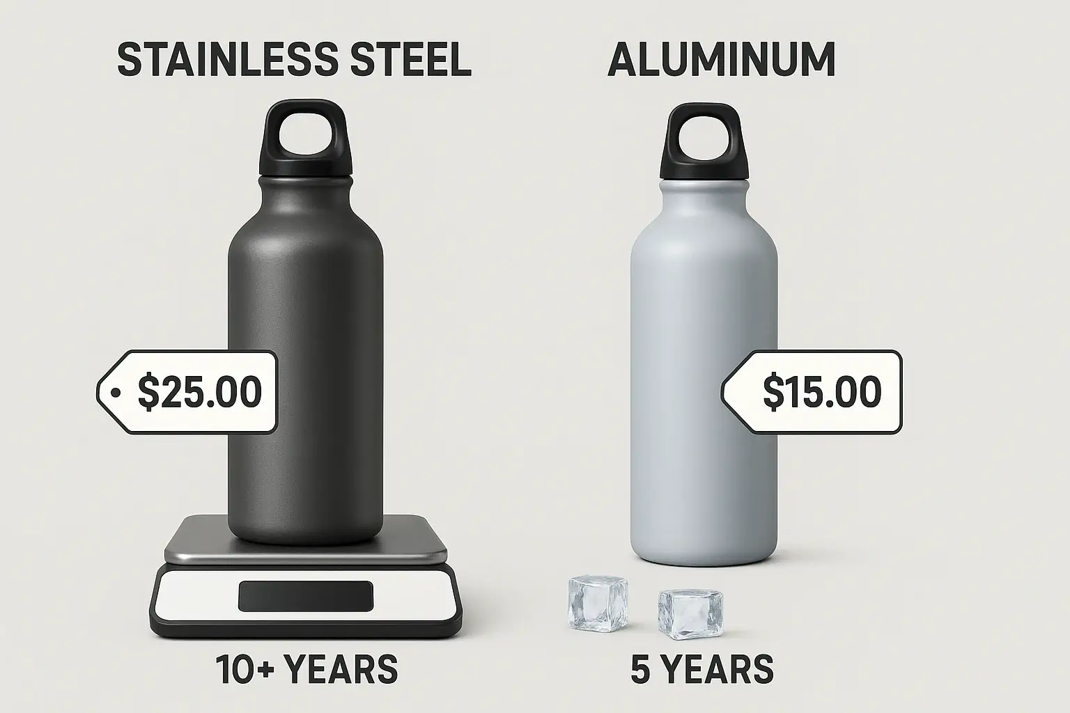 Stainless steel bottle with “$30 = 5+ yrs” and aluminum bottle with “$15 = 1 yr” price tags