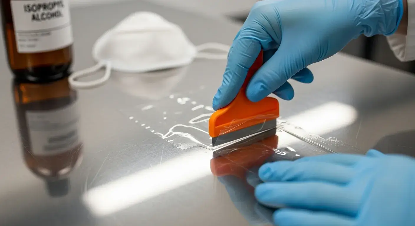 Gloved hands removing plastic safely