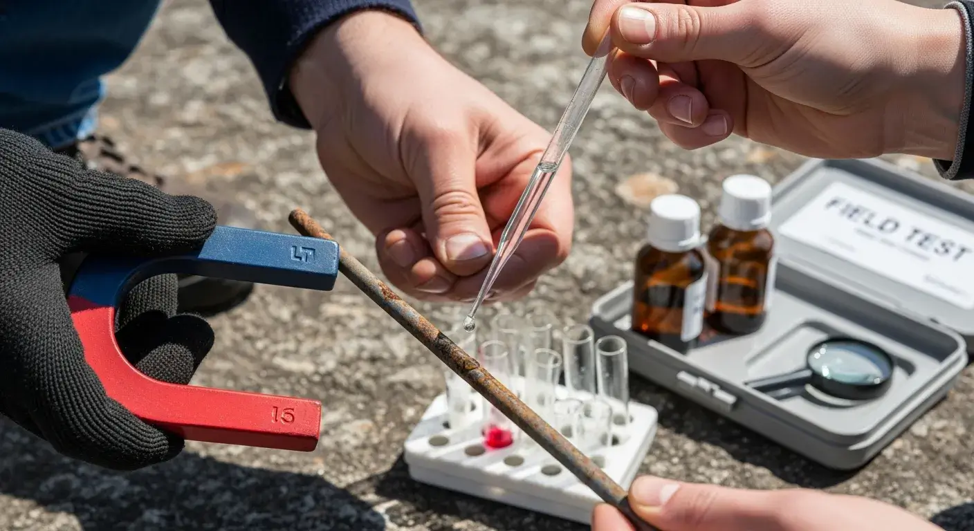 Quick field test routine Magnet and nitric acid being used on steel sample