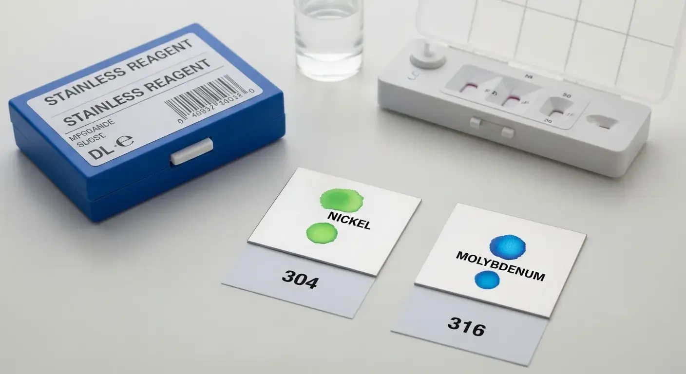 Reagent color test kit beside stainless samples