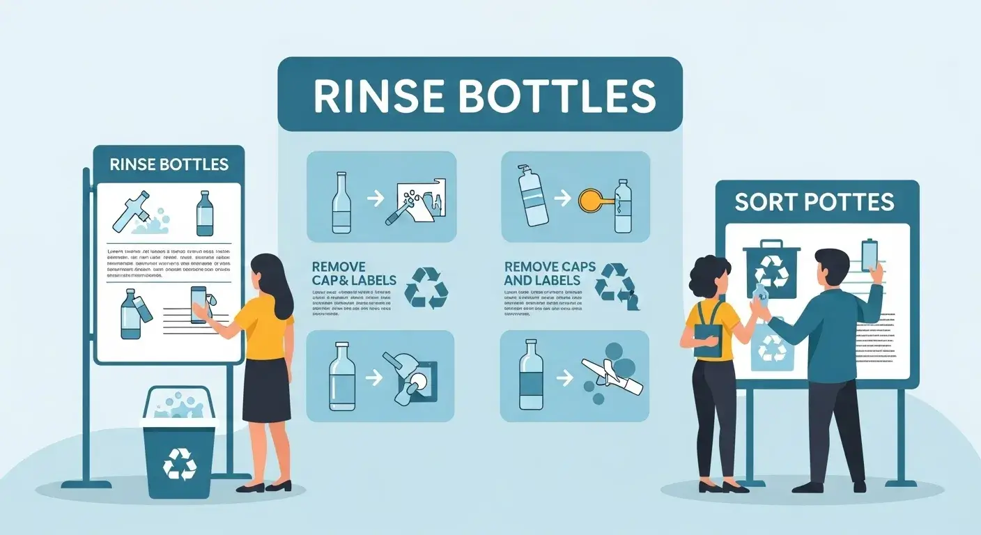 Infographic poster showing how to rinse, remove caps and labels, and recycle bottles properly