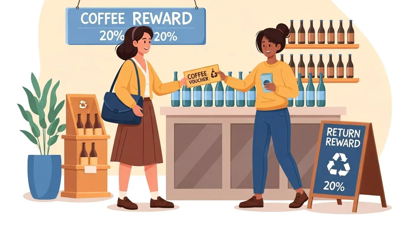 Shop customer receiving reward after returning plastic bottles through a store incentive program