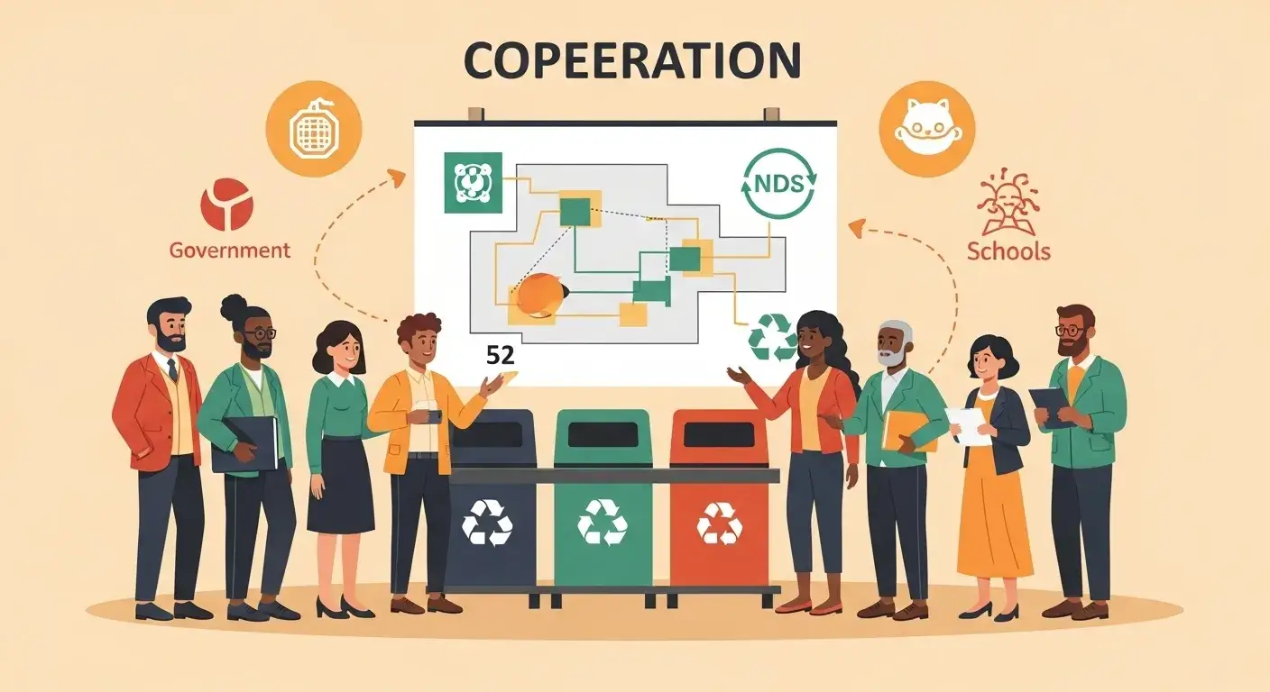 Group of stakeholders—government, brands, NGOs—planning recycling improvements around a table