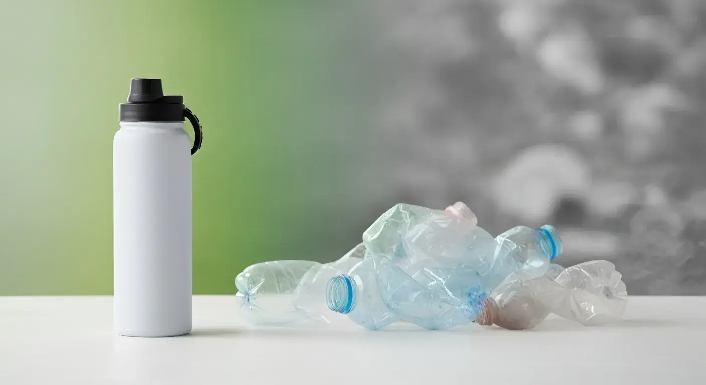 Reusable bottle beside discarded plastic bottles