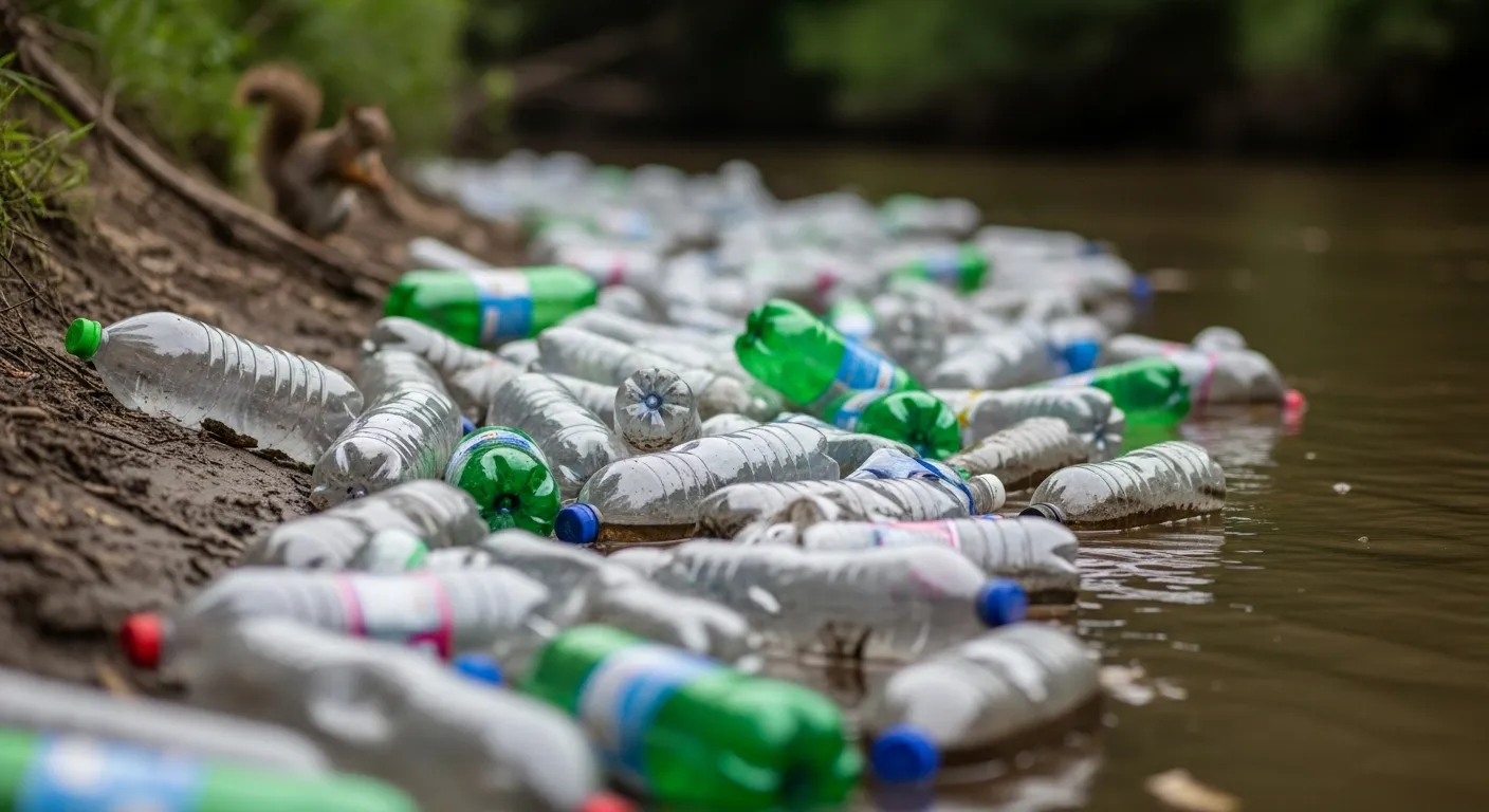 Plastic bottles polluting riverbank ecosystem