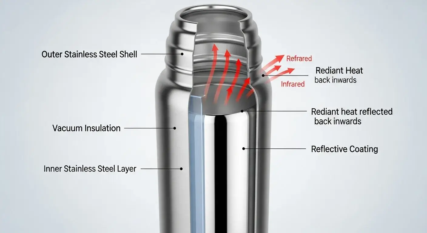 Reflective coating inside flask Reflective inner coating reduces heat loss