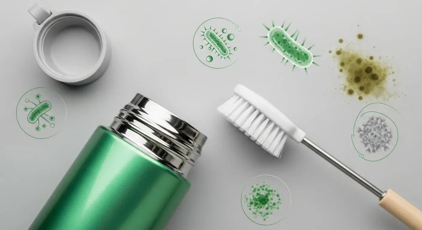 Insulated stainless steel water bottle with bacteria and mold icons