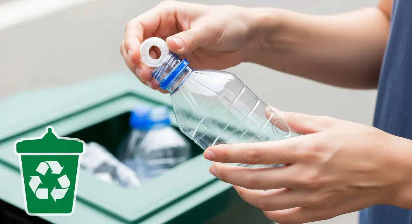 Hands removing label and cap from a plastic bottle with recycling bin nearby