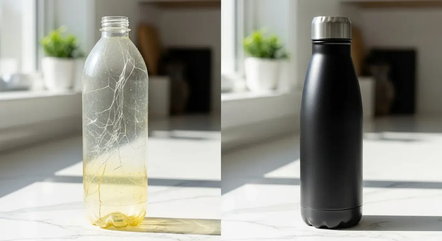 New stainless steel bottle next to old cracked plastic one