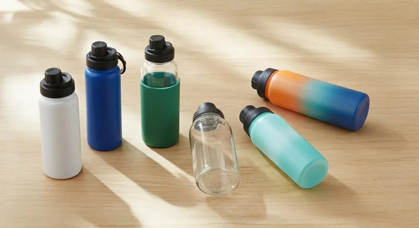 Assorted reusable water bottles on a wooden table